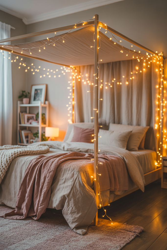 Warm white fairy lights strung above a bed on a canopy frame creating a dreamy soft glowing effect in a cozy bedroom