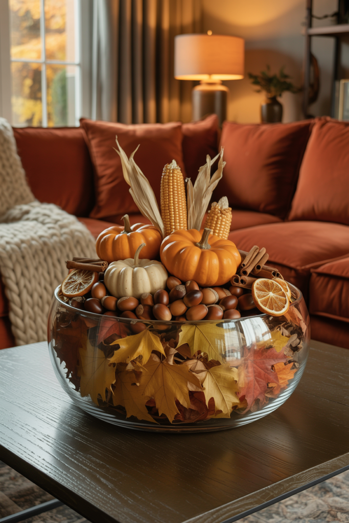 Large clear glass bowl filled with mini pumpkins acorns dried autumn leaves and cinnamon sticks as a fall harvest living room centerpiece