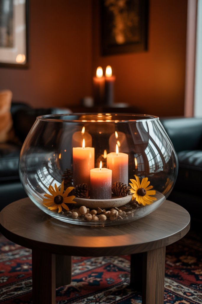 Clear glass bowl with lit pillar candles dried black-eyed Susan flowers and pinecones creating a moody fall living room centerpiece