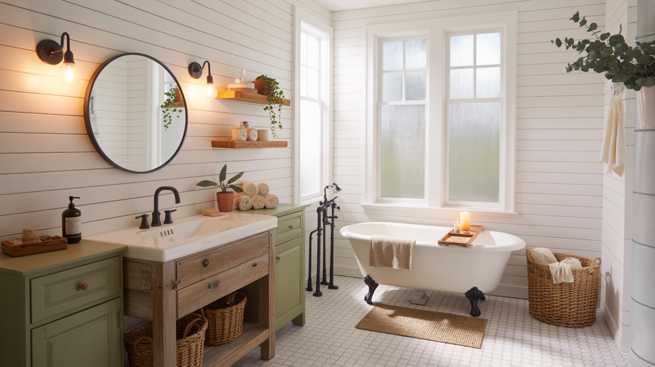 Complete farmhouse bathroom with shiplap walls, clawfoot tub, reclaimed wood vanity, matte black fixtures, hex tiles, and natural linen accents