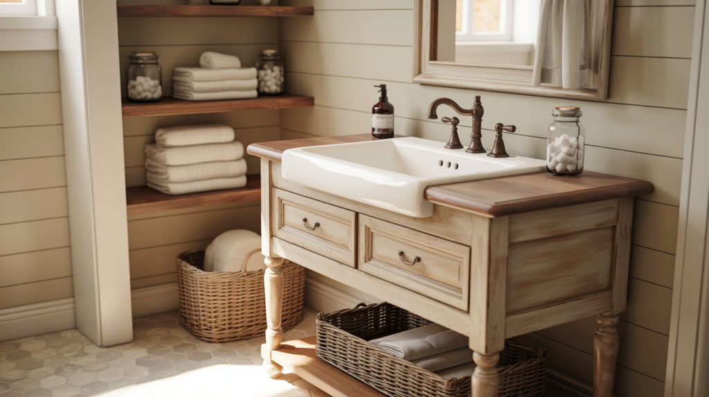 Farmhouse bathroom with wooden freestanding vanity and open shelf storage