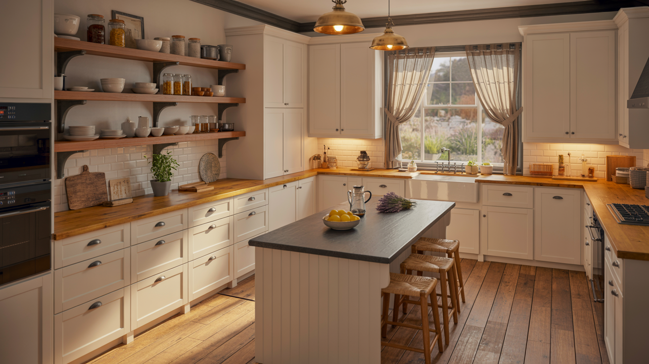 Warm and timeless farmhouse kitchen with white shaker cabinets, butcher block countertops, and open wooden shelves
