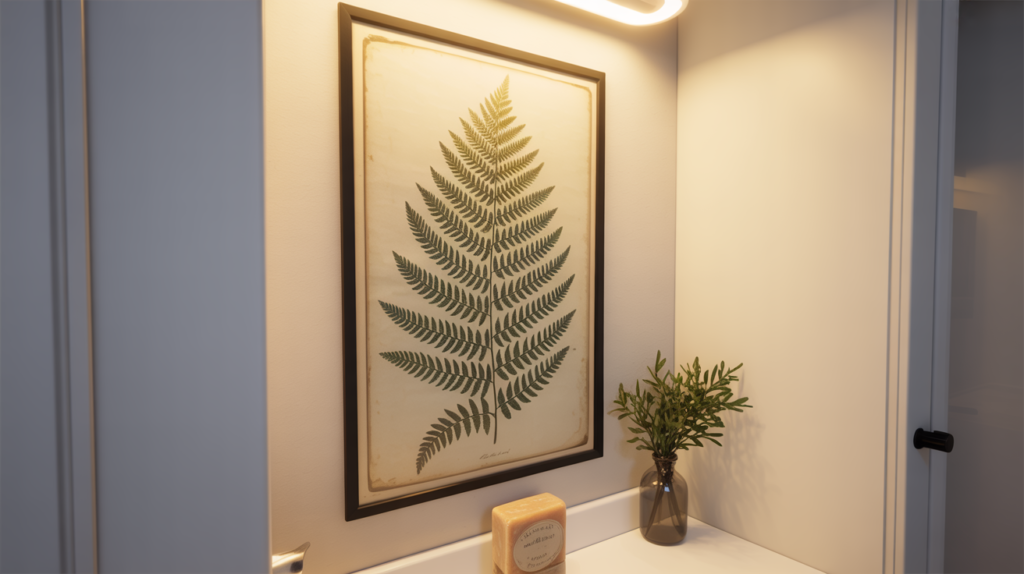 Vintage fern botanical print in black frame above a white bathroom vanity with eucalyptus stems and artisan soap