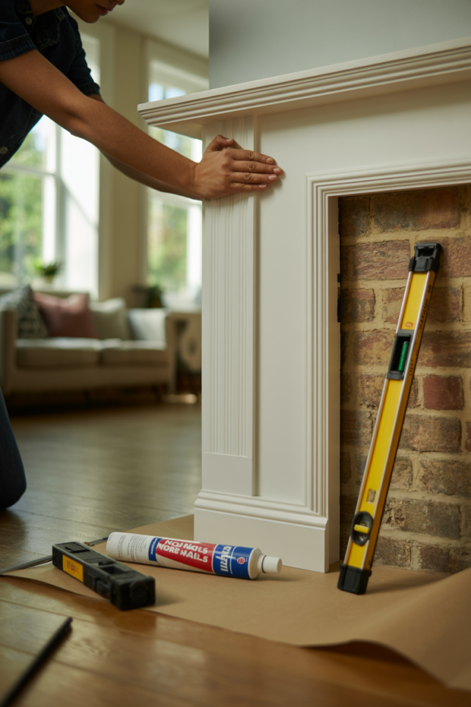Person fixing MDF moulding strips to a chimney breast wall using No More Nails adhesive