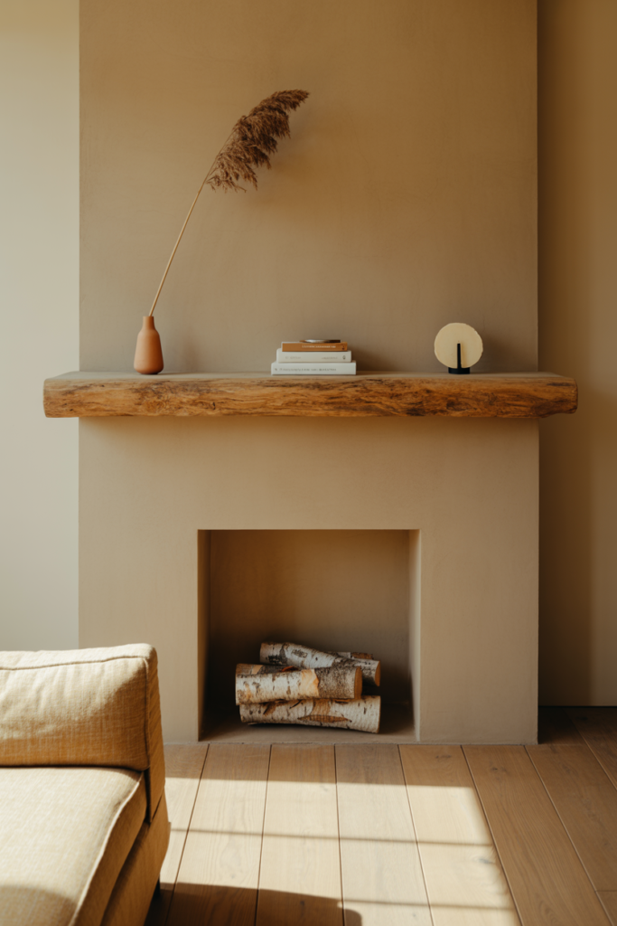 Thick oak floating mantel shelf on stone-painted chimney breast styled with dried grasses, books, and candle