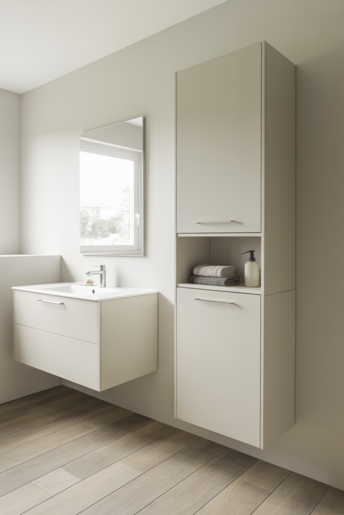 Floating vanity with wall-mounted storage tower in a small modern bathroom with white cabinets and chrome hardware