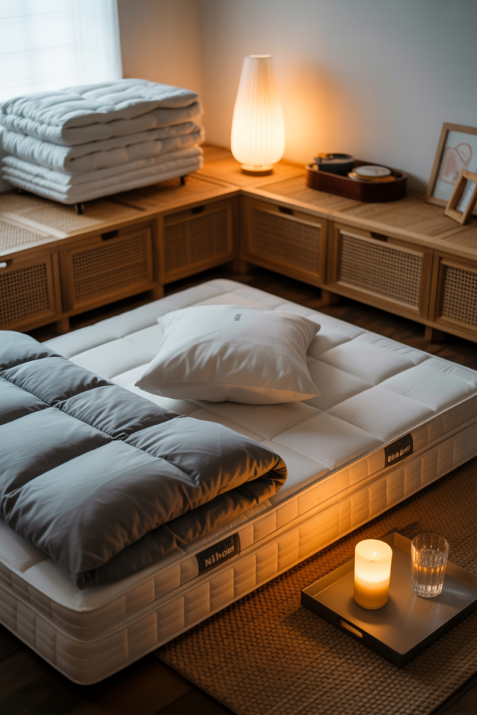 Neatly styled floor mattress guest bed setup in a small living room with white bedding, gray duvet, and a wooden storage bench nearby
