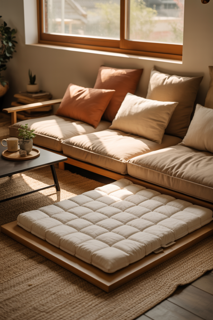 Low-profile linen floor sofa with foldable mattress partially unfolded in a Japandi-styled living room with warm golden light and terracotta cushions