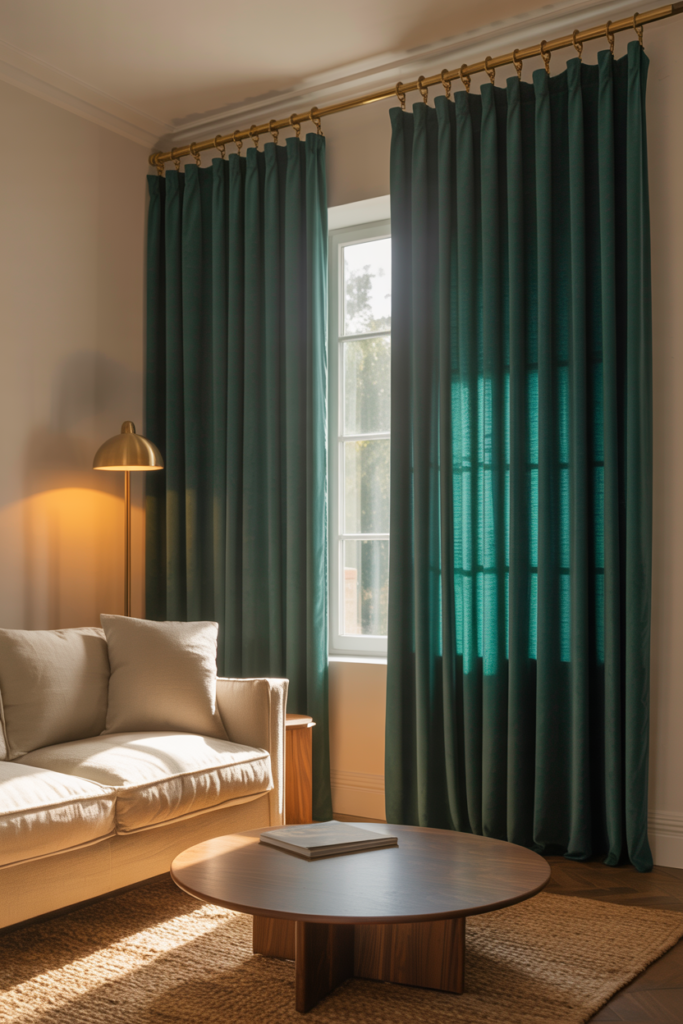 Floor-to-ceiling emerald green velvet curtains in a cozy living room with brass rods