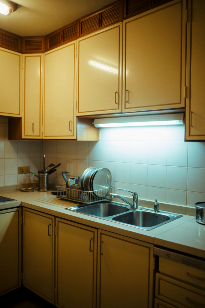 Fluorescent under cabinet light fixture above a stainless steel kitchen sink in an Indian kitchen