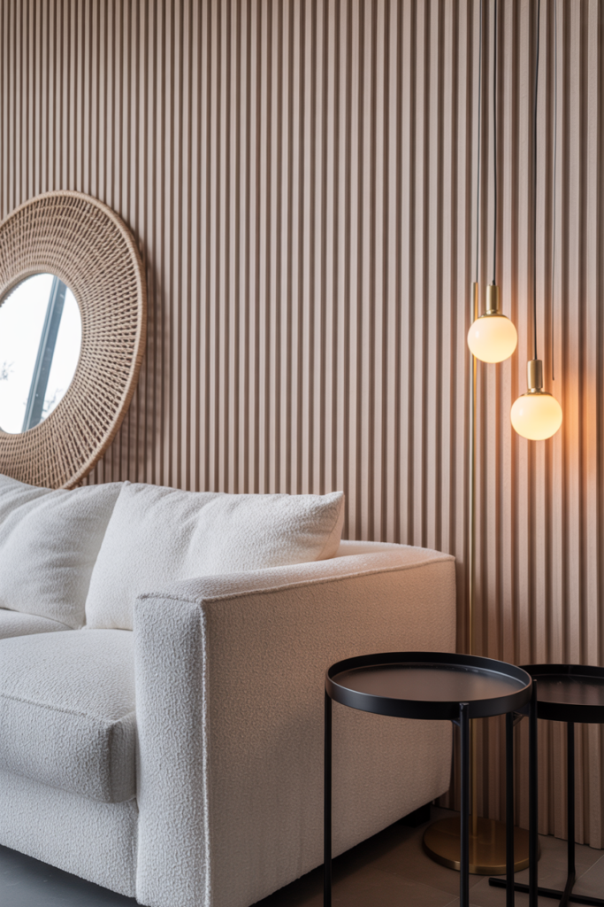 White fluted MDF wall panels as living room feature wall with bouclé sofa and rattan mirror
