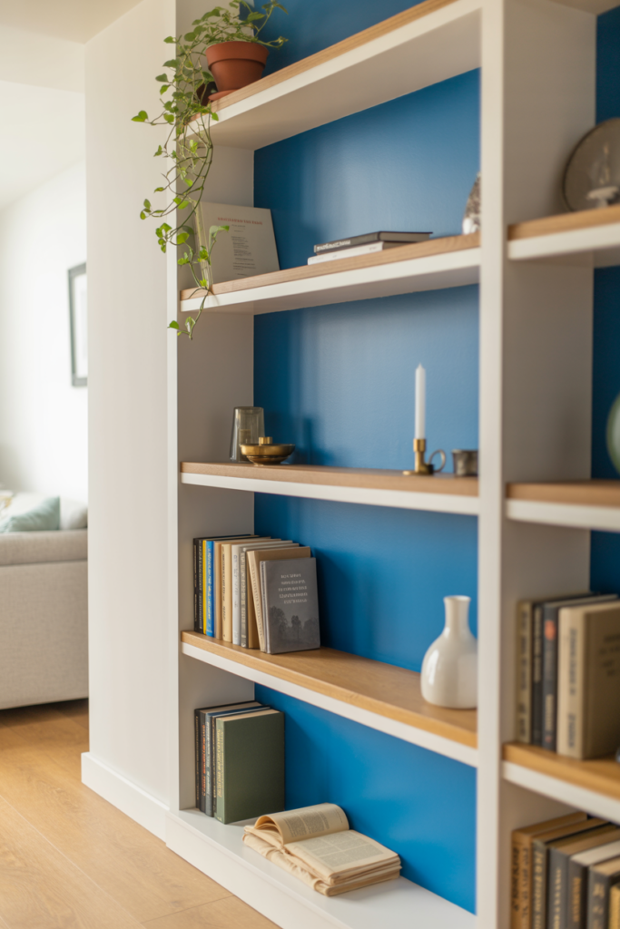 Bright mid-tone blue Free Groove paint on alcove shelving back panel in a white living room with styled book and plant display
