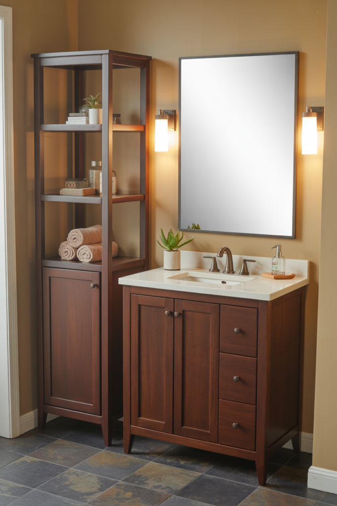 Freestanding vanity with tall side tower cabinet in espresso finish with open shelves and bronze hardware in a family bathroom