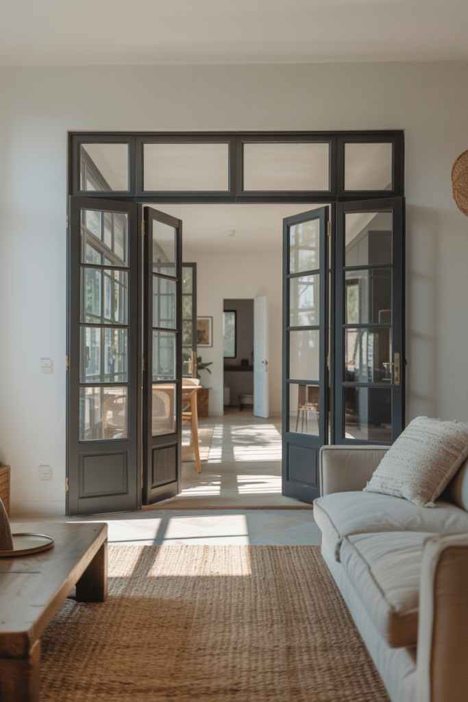 Black-framed French doors in a modern living room with natural light and grey sofa
