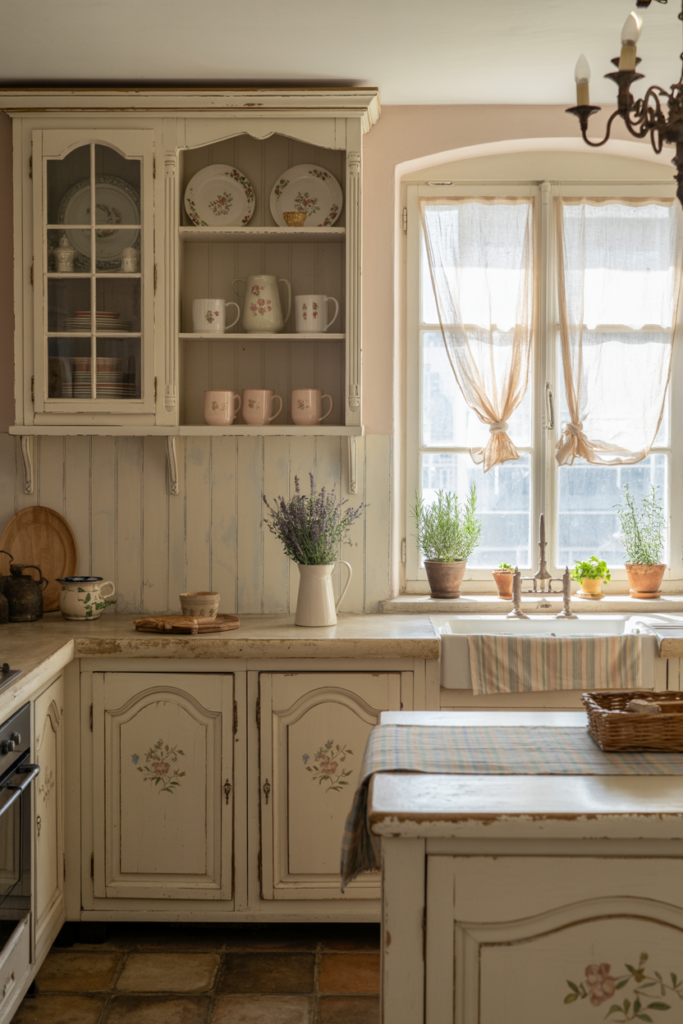 French Provence farmhouse kitchen with cream cabinets, soft lavender accents, and open china display