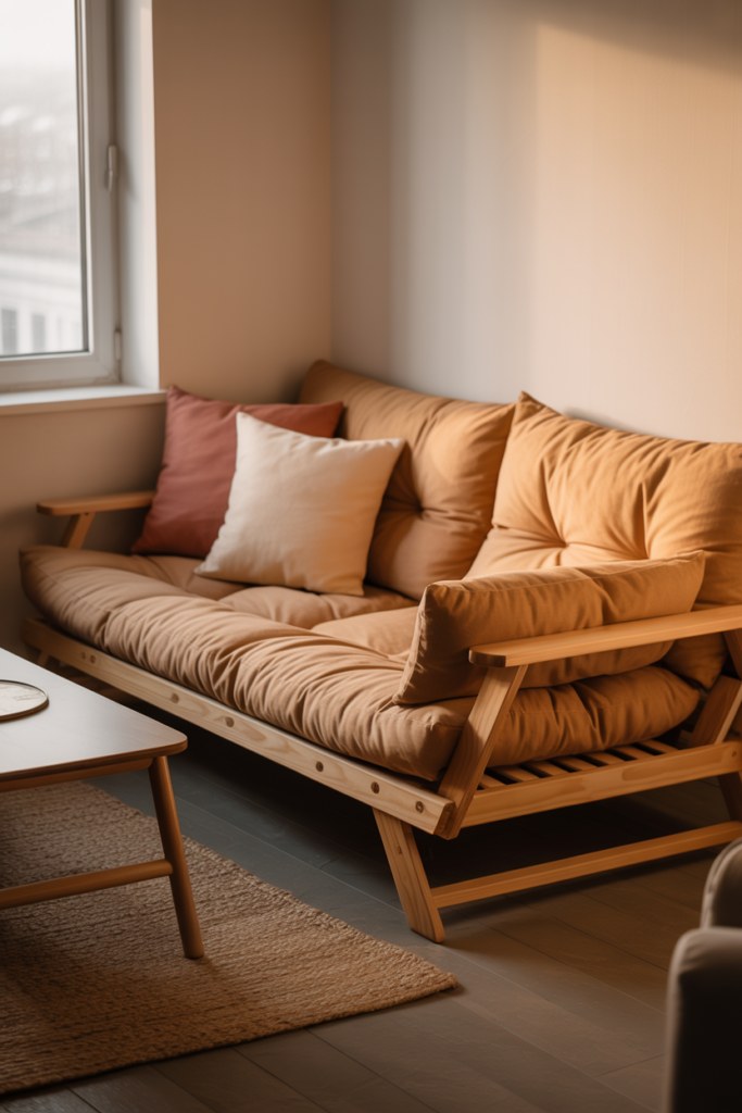 Modern natural wood-framed futon in oatmeal linen upholstery styled as a sofa in a small Scandinavian-inspired living room