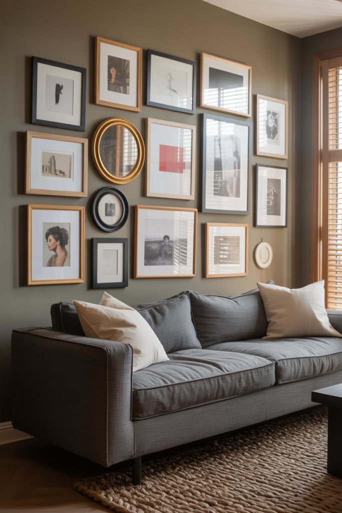 Gallery wall living room feature wall with mixed black and oak frames art prints above charcoal sofa