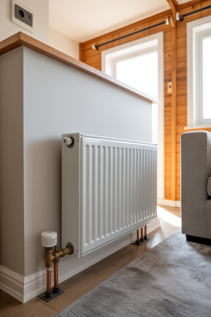 White double panel central heating radiator fitted on smooth white wall in newly converted garage living room