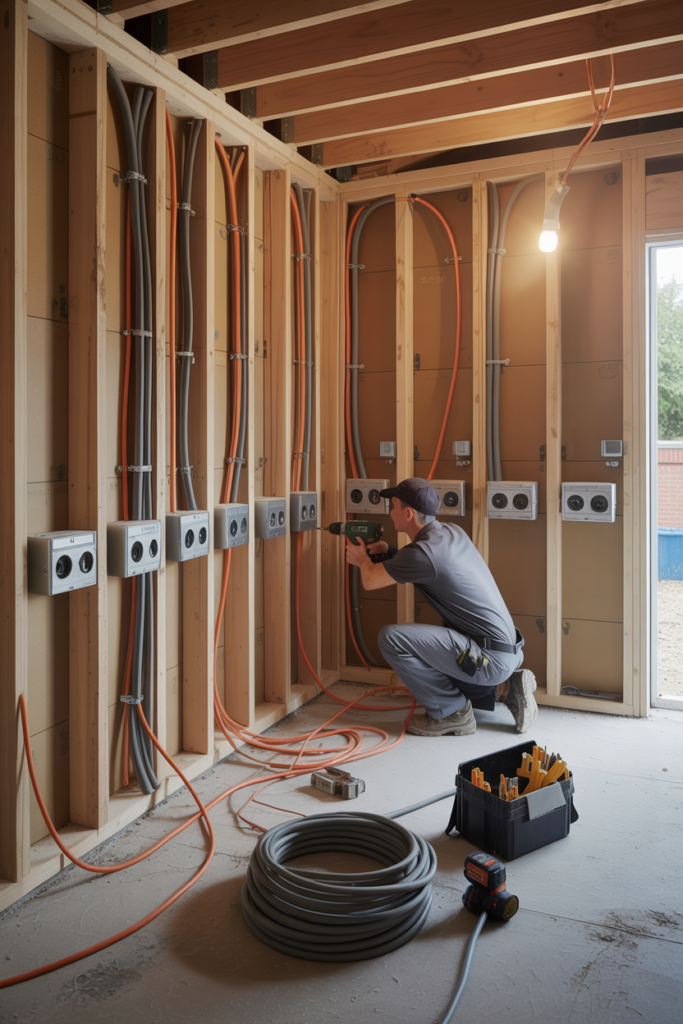 Electrician running cables and fixing socket back boxes through timber stud walls during garage conversion electrical rough in