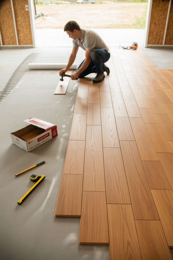 Laminate flooring being laid over foam underlay on concrete subfloor during garage conversion living room project