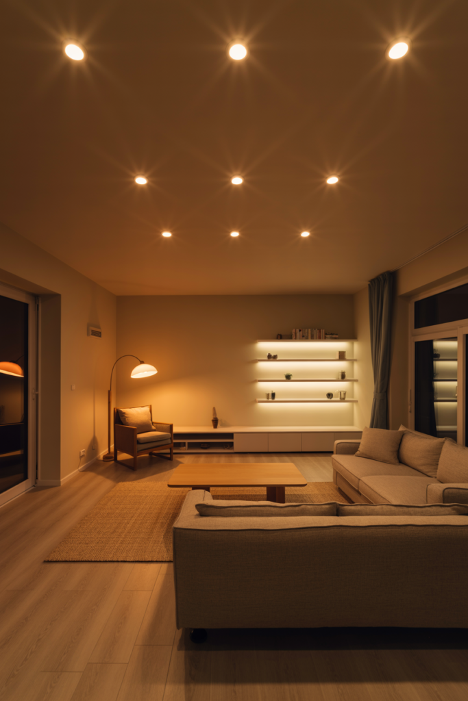 Completed garage conversion living room with recessed ceiling downlights floor lamp and under shelf LED lighting creating layered warm atmosphere
