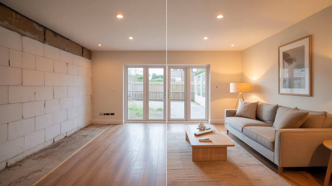 Completed budget garage conversion living room with laminate flooring soft white walls recessed lighting and grey sofa