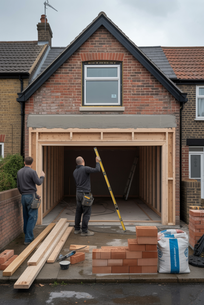 Garage door removed and new timber stud wall being framed with window opening during budget garage conversion project