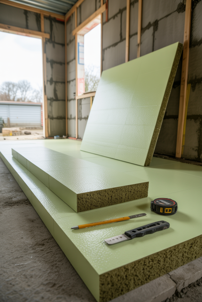 Rigid insulation boards being fitted to garage walls and floor during budget garage conversion insulation step