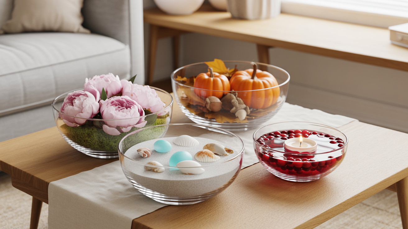 Four clear glass bowls styled with seasonal decor fillers for spring summer fall and winter on a light oak coffee table