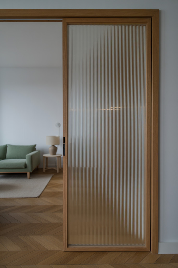 Reeded glass panel door in slim timber frame in a Scandinavian-style living room
