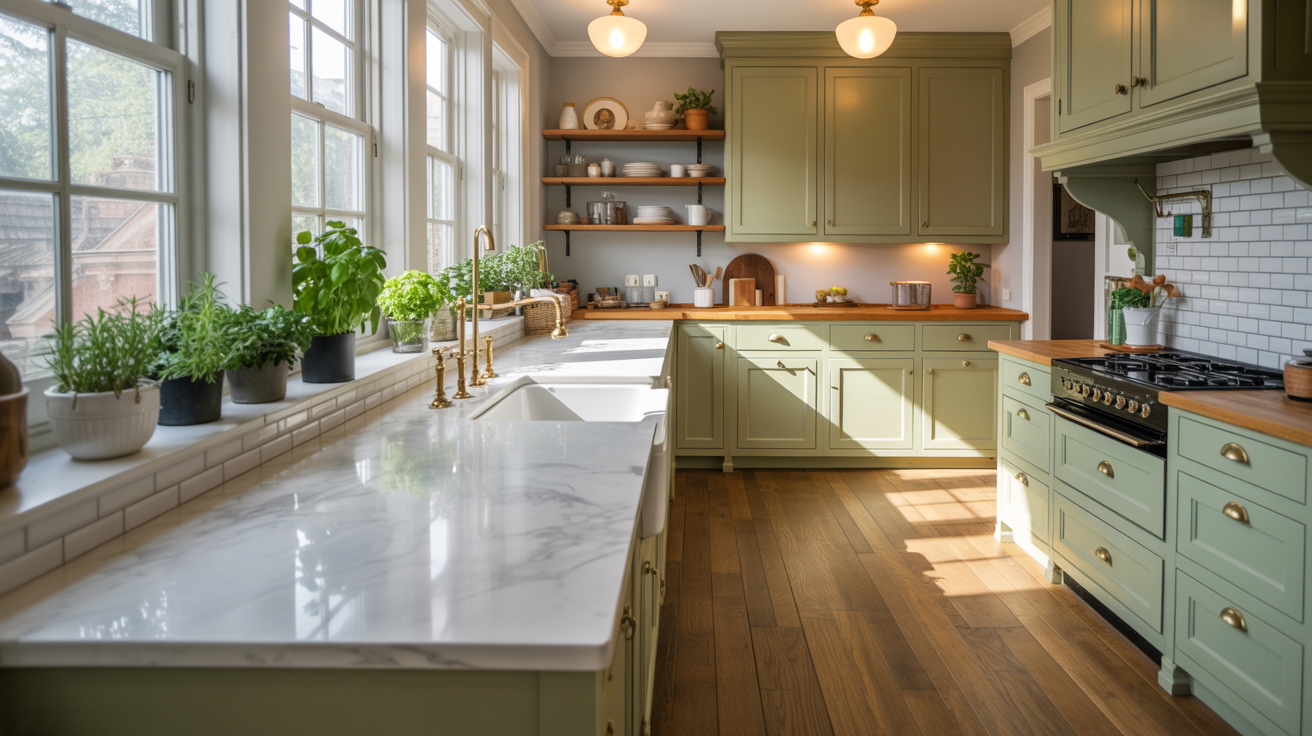 Sage green Shaker kitchen cabinets with marble countertop, brass pendants, and hardwood floors in a bright natural kitchen