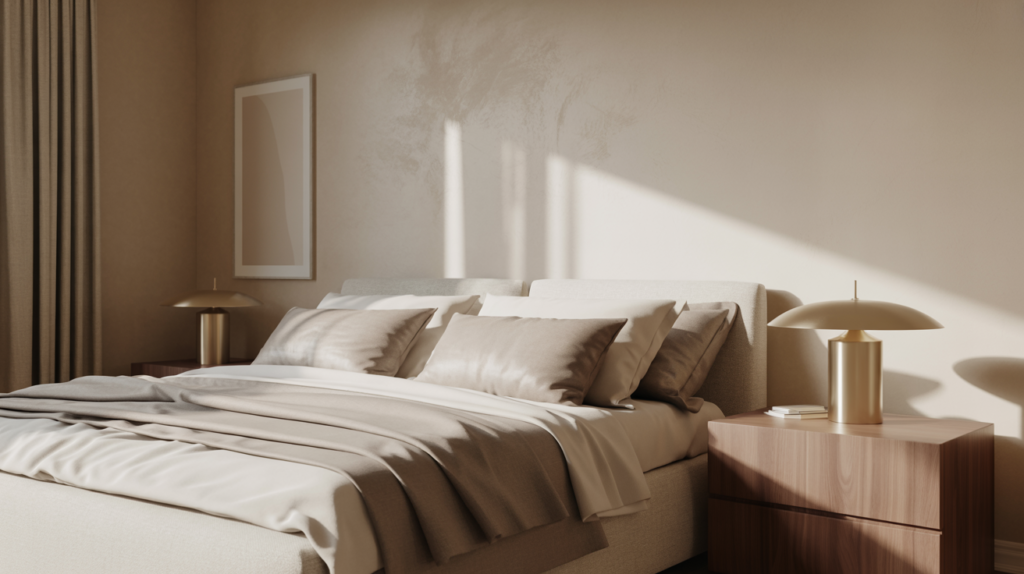 Greige minimalist bedroom with warm neutral walls, cream bedding, and brushed brass accents in afternoon light