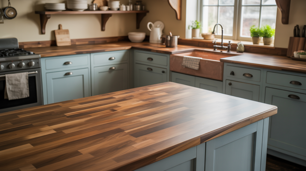 Blue-grey farmhouse kitchen cabinets with warm walnut butcher block countertop