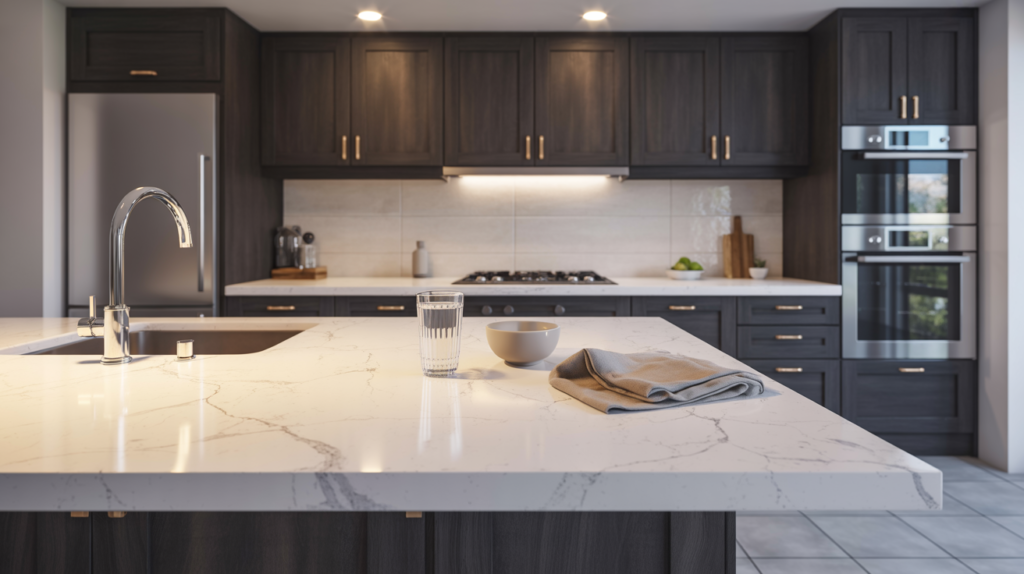 Dark grey kitchen cabinets with white quartz countertop and stainless steel appliances