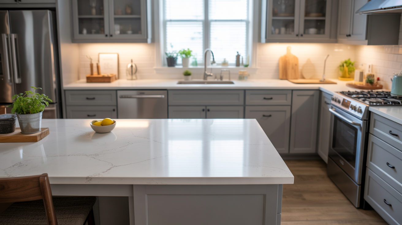 Grey kitchen cabinets paired with white quartz countertop in a modern kitchen design