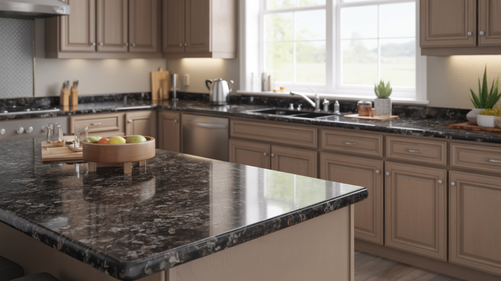 Medium grey kitchen cabinets with black and white granite countertop and natural lighting