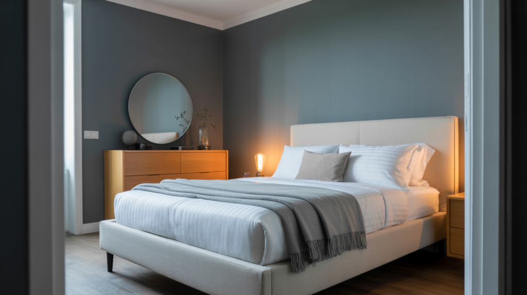 Cool grey bedroom walls with white furniture and light oak dresser creating a modern bedroom color scheme