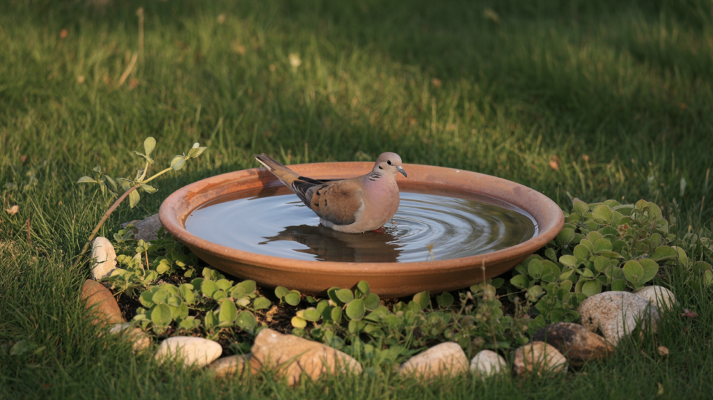 Ground level bird bath with a mourning dove bathing in a garden