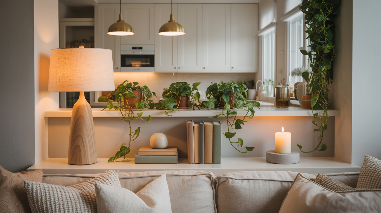 Styled half wall between kitchen and living room with plants, lamp, books, and candle on the ledge
