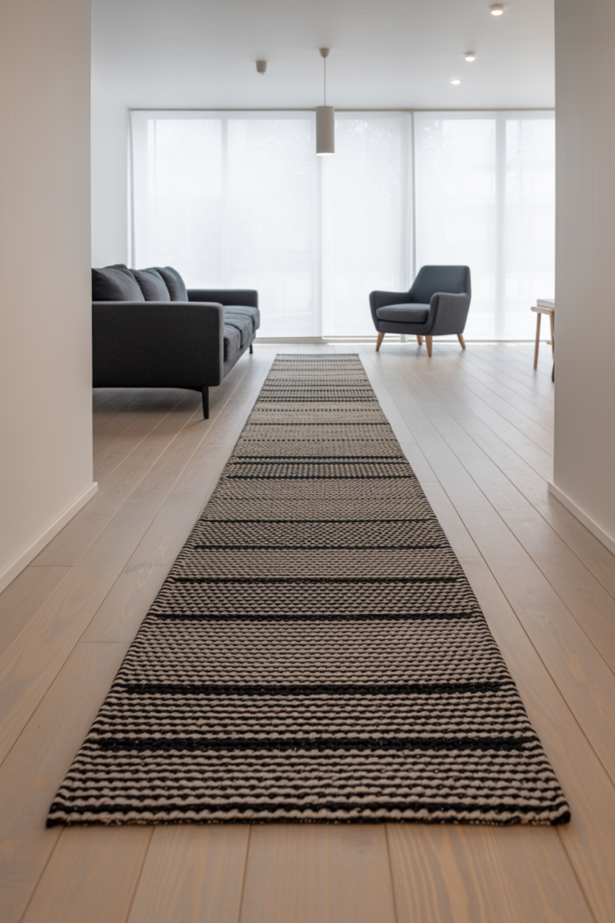 Long geometric black and white hallway runner rug laid down the center of a Scandinavian narrow living room with pale ash wood floors
