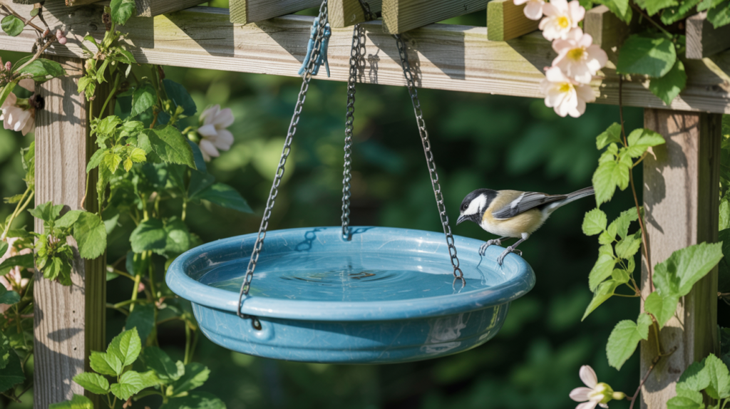 Hanging bird bath on a pergola with a chickadee perched on the edge