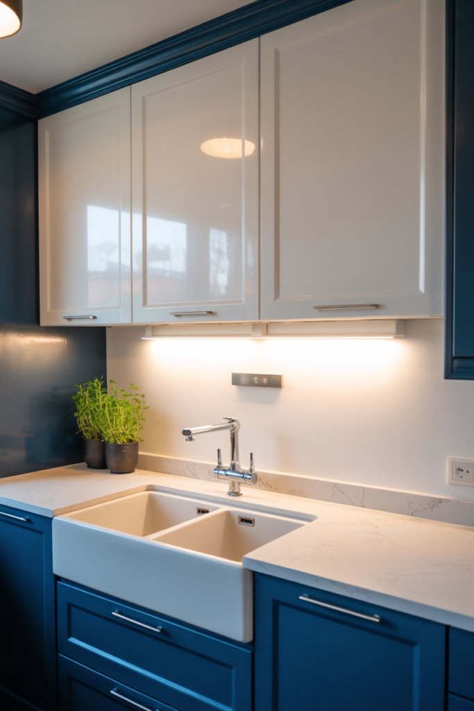 Hardwired linear LED fixture installed under cabinet above modern farmhouse kitchen sink