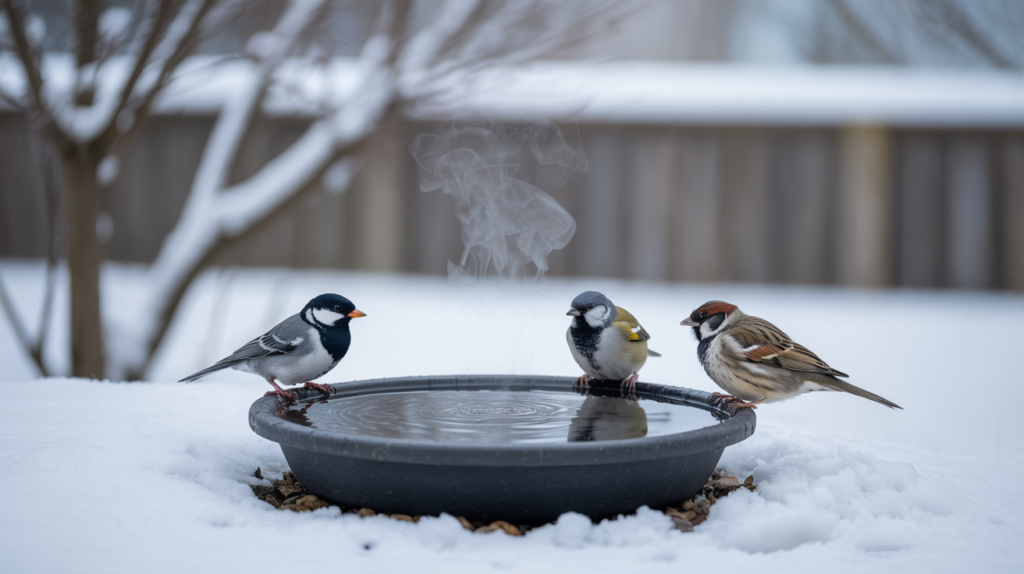 Heated bird bath with birds drinking water in a snow covered winter garden