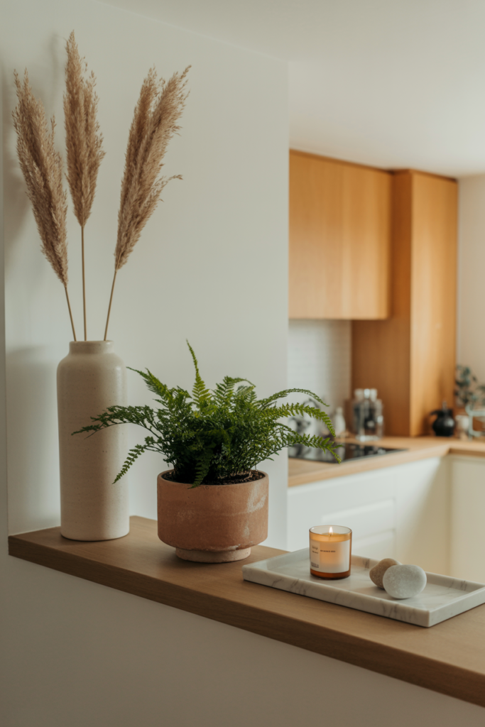 Half wall ledge styled with tall ceramic vase, mid-height fern, and low marble tray showing height variation in decor arrangement