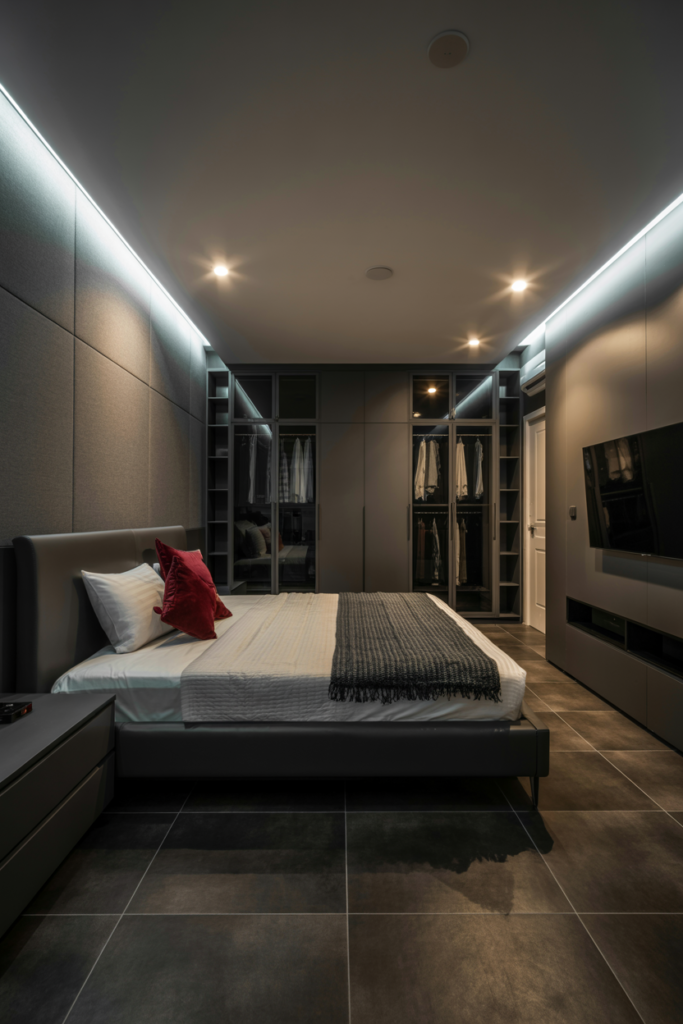 high-tech bedroom design with LED lighting, glass wardrobe, and smart home modern interior