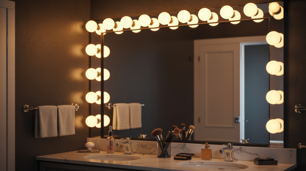 Hollywood vanity mirror with round bulbs mounted on a dark bathroom wall above a marble countertop