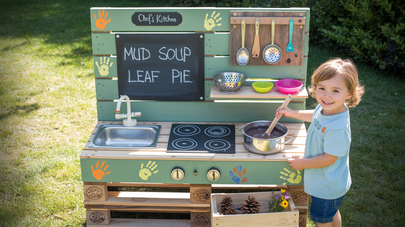 A fully built DIY pallet mud kitchen with a sink, painted stovetop, chalkboard, shelves, and pegboard in a sunny backyard garden with a child pretend cooking