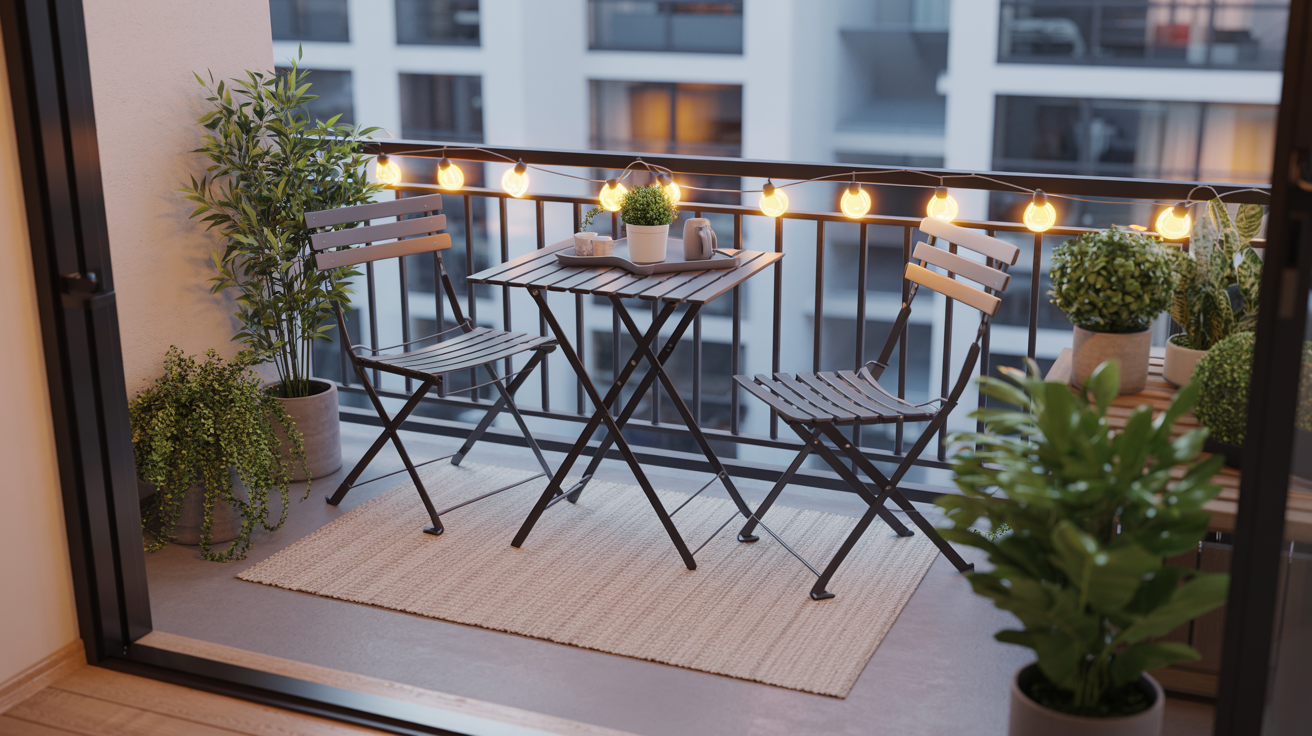 Small condo balcony maximized with bistro table, string lights, and potted plants
