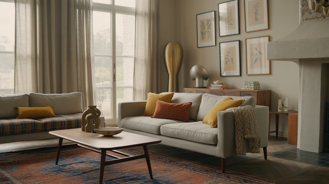 How to mix vintage and modern in a living room with neutral walls, Persian rug, mid-century coffee table, and contemporary grey sofa