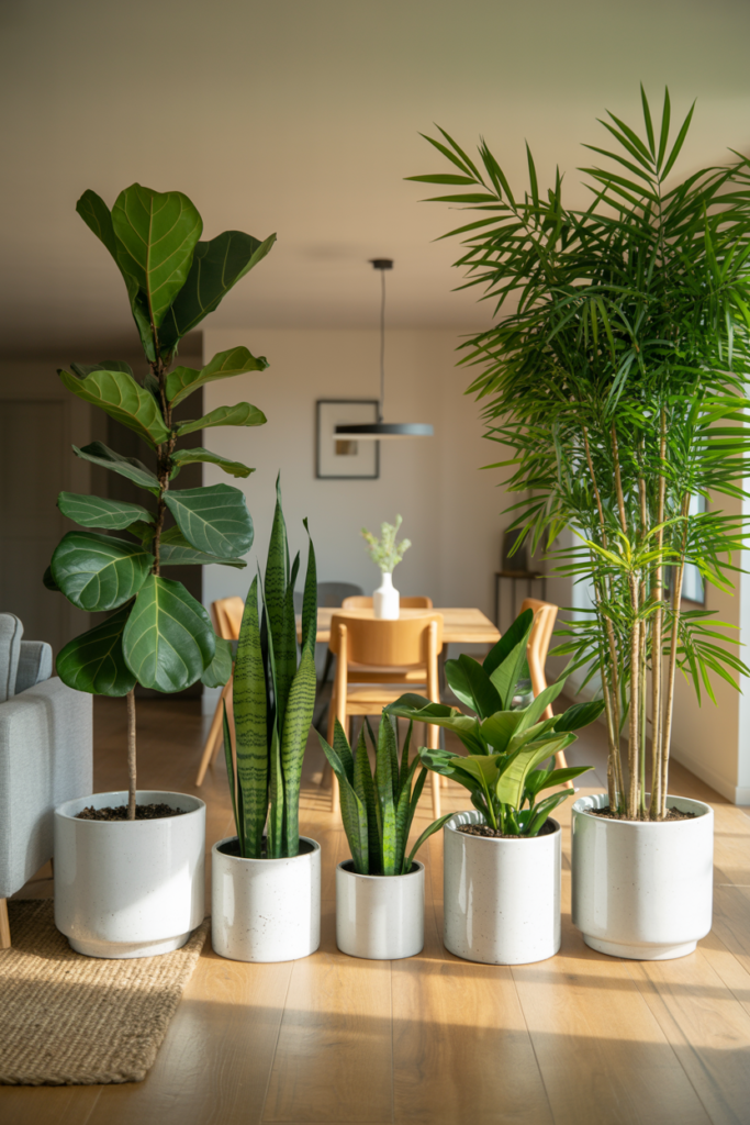 Row of tall indoor plants including fiddle leaf figs and snake plants used as a natural room divider between living and dining areas